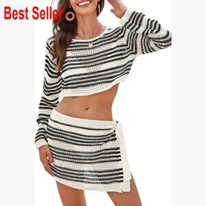 Crochet Swimsuit Cover Up Set Long Sleeve Crop Top Mini Skirt